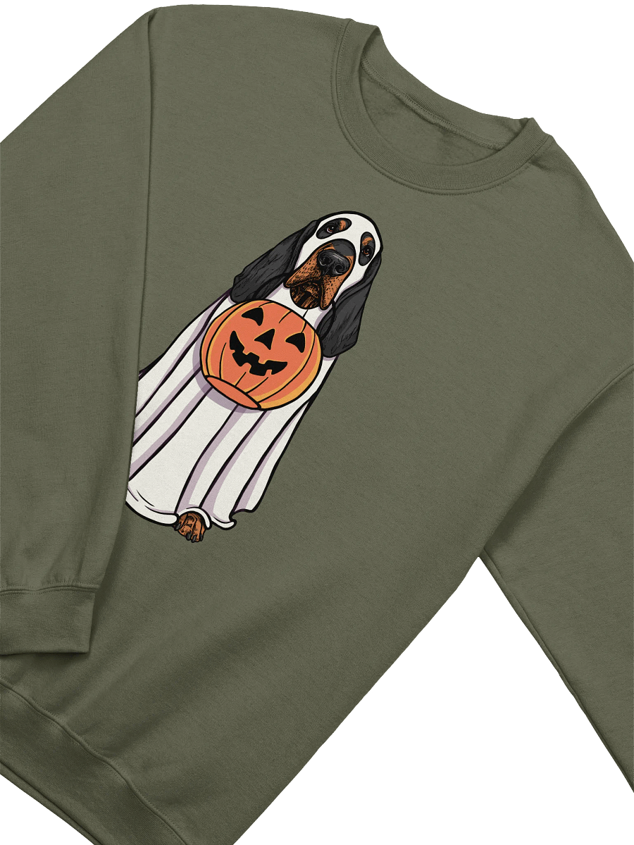 Funny Halloween Bloodhound(Black & Tan) Sweatshirt | Funny Bloodhound Wearing a Ghost Costume and Holding a Pumpkin Basket product image (14)