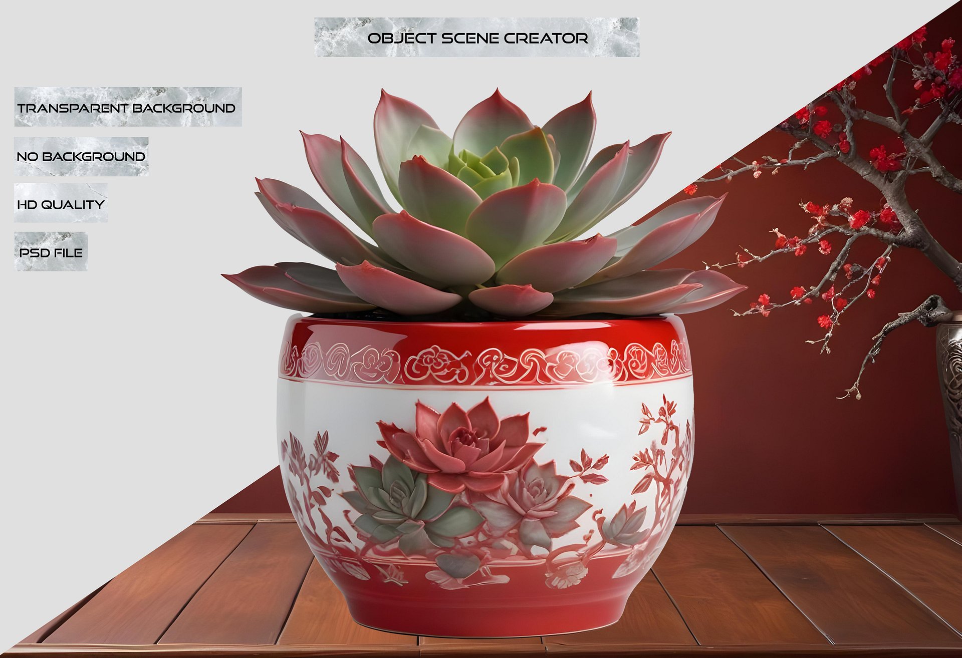 Chinese Porcelain Pot with Succulent – Red and White Floral Design PNG product image (2)