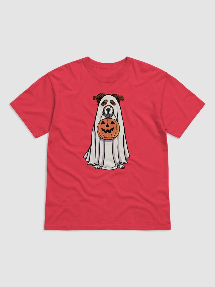 Funny Halloween Australian Shepherd(Red Tricolor)T-Shirt | Funny Aussie Wearing a Ghost Costume and Holding a Pumpkin Basket product image (1)