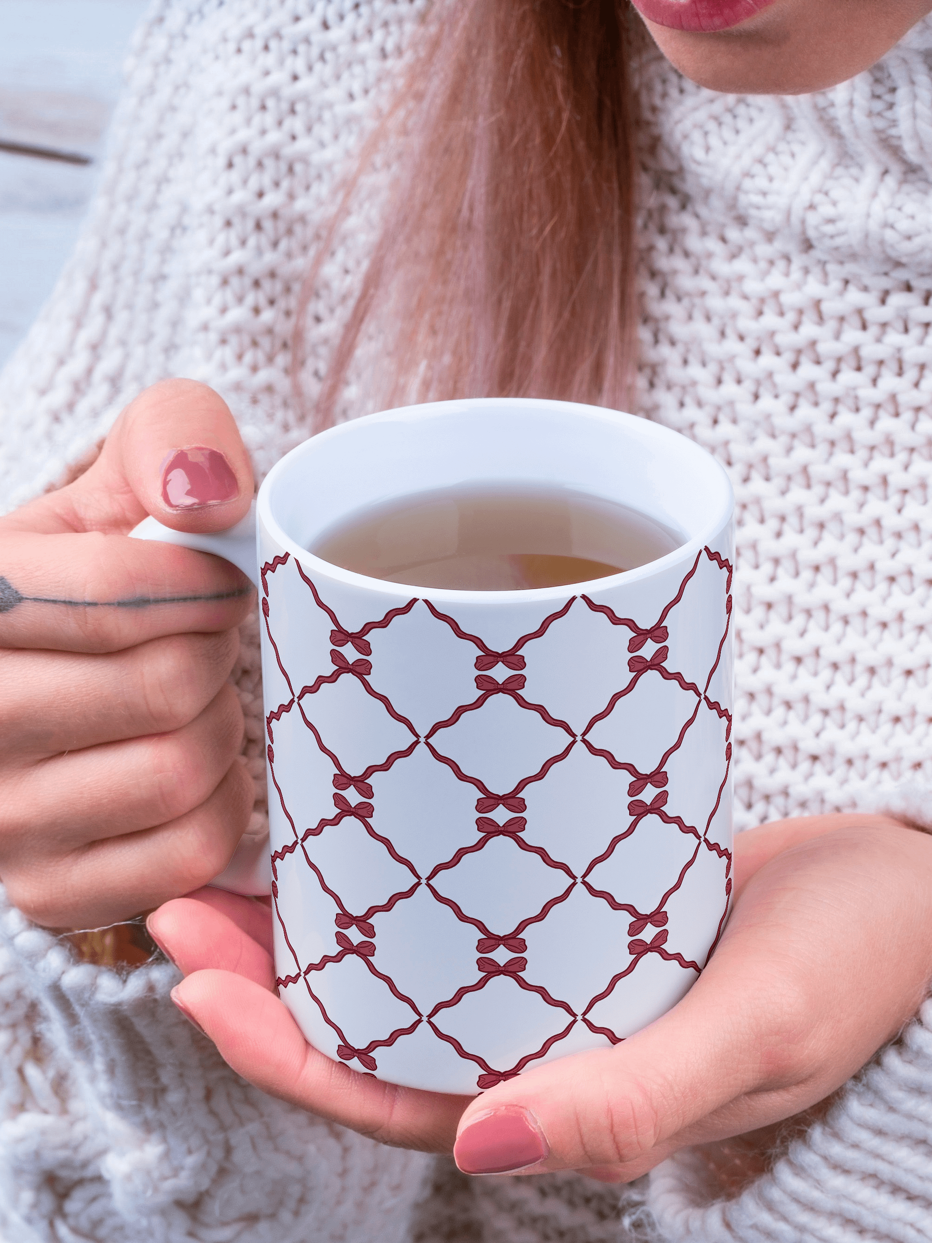Bows and Ribbon Pattern Mug in White and Red product image (1)