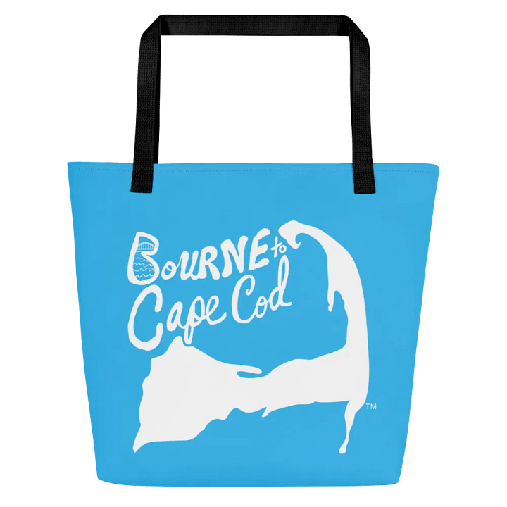 BOURNE to Cape Cod™ | Large Tote Bag with Pocket | Coastal Classic | All-Over Logo Print | White Logo on Deep Sky Blue product image (2)