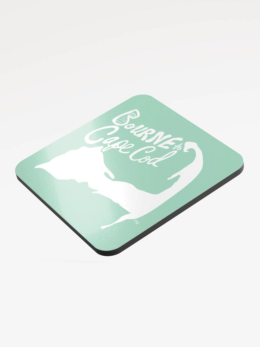 BOURNE to Cape Cod™ | Coastal Coaster | Glossed Cork | Eco-Friendly | Minimalist Coastal Decor | 3.74" Square | White Logo on Vista Blue Green product image (3)