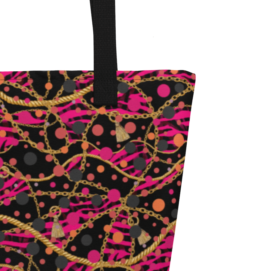 Big printed tote bag with pocket bright reds/pink  gold design product image (9)