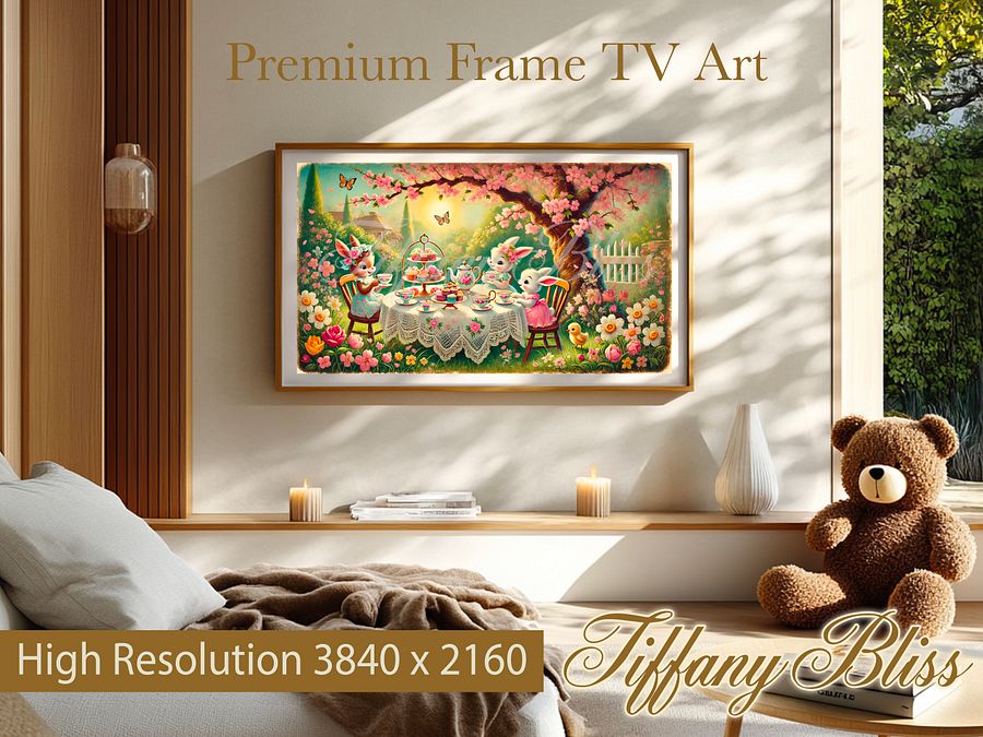 Spring Bunny Samsung Frame TV Art, Tea Time Easter Painting - Digital Download Wallpaper product image (4)