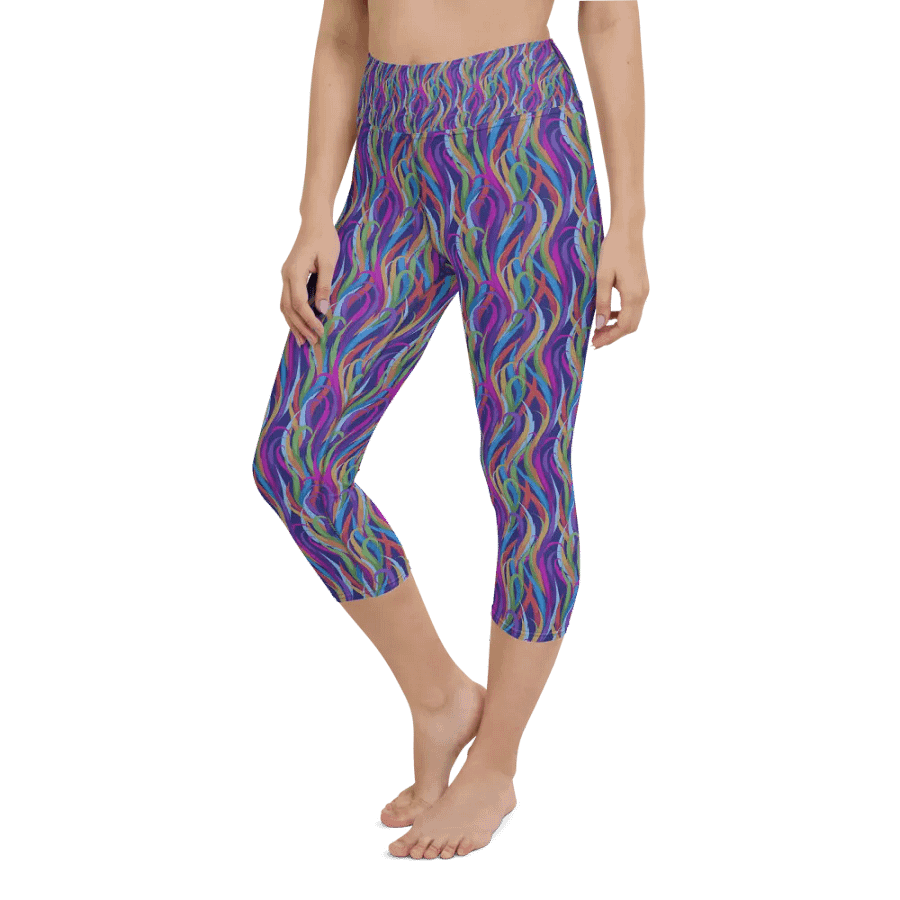 Yoga capri  leggingsmodern blue mauve and turquoise  design on black background product image (8)