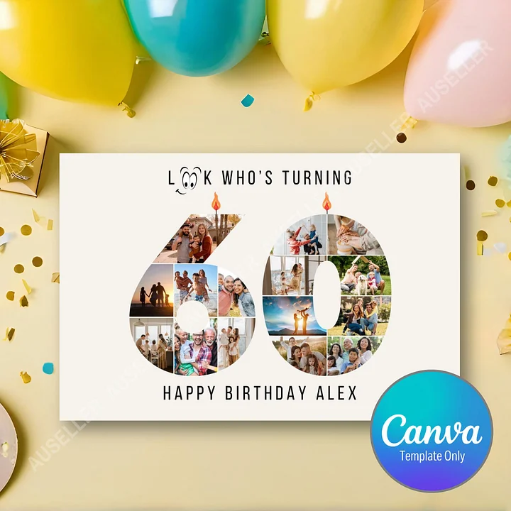 60th Birthday Number Photo Card Canva Template product image (1)