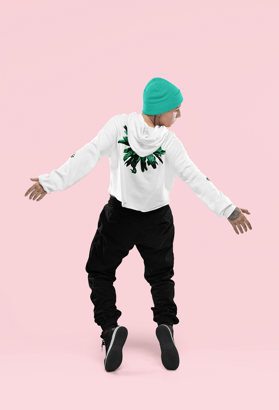 Abstract Green Floating Daisy Women's Cropped Fleece Pull Over Hoodie product image (5)