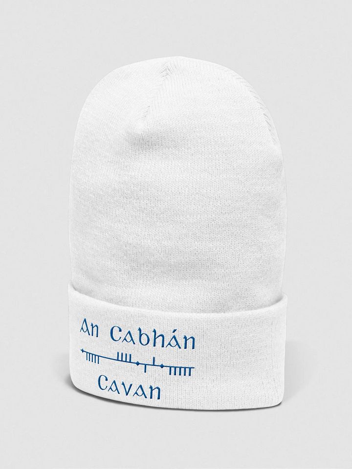 Cavan/An Cabhán, White with Blue, Scholastic Style Ogham embroidered Cuffed Beanie product image (2)