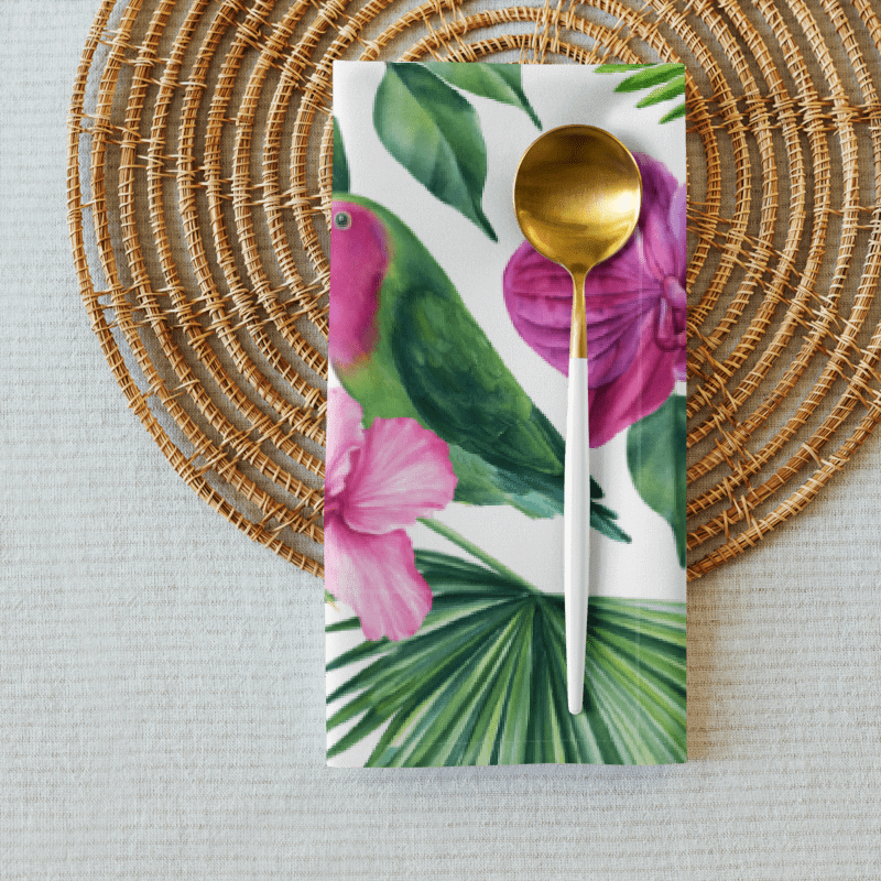 Tropical Parrot & Orchid Cloth Napkins (Set of 4) – 20"x20", Soft Broadcloth, Vibrant Botanical Print product image (3)
