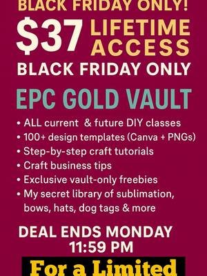 🔥 BLACK FRIDAY IS HERE at Exotic Party Creations! 🔥 This is the moment you’ve been waiting for… We just opened the doors to our BIGGEST & LOWEST-PRICED deal of the entire year — and it will never go this low again. ✨ Lifetime Access to our GOLD VAULT ✨ Unlock every current + future pre-recorded class, templates, tutorials, and behind-the-scenes resources — all in one place. No gatekeeping, no limits, just pure creativity unlocked forever. This is your chance to level up your crafting business, master new skills, and stay ahead of every trend — all for the lowest price you’ll ever see. ⏳ Hurry! All Black Friday offers expire Monday at 11:59 PM sharp. Once the clock hits midnight, the deal is gone for good. 🎁 Whether you’re a beginner or a pro, this is the perfect time to invest in yourself, your business, and your creativity. 🚨 Don’t wait. Don’t hesitate. Your golden ticket to crafting freedom is right here — and once it’s gone, it’s gone forever.   Link in Bio  #blackfridaydeals #exoticpartycreations #epccraftersgym #blackfriday2025 #sublimation 