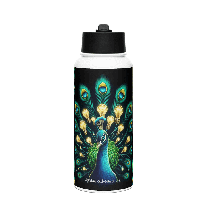"Bloom of Ideas" – Illuminated Peacock Feather Stainless Steel Water Bottle for Spiritual Growth and Inspired Reflection Black product image (1)