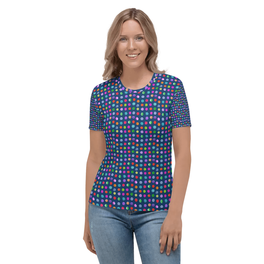 Ladies all over print t shirt navy with watercolor dots design. Ideal or casual as well as evening wear. product image (2)