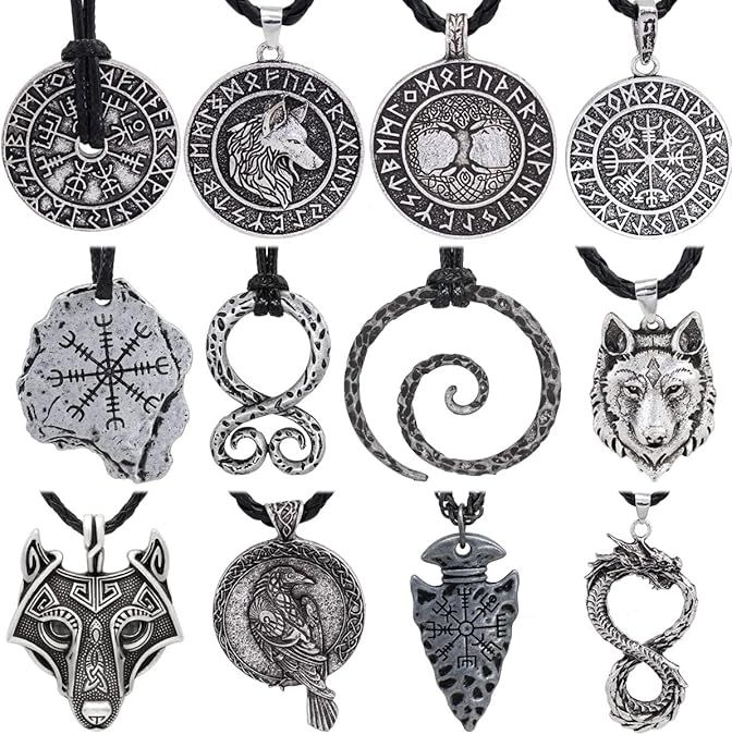 12-Piece Viking Amulet Set – Vegvisir Compass Necklaces with Gift Bag | Norse Protection & Power Collection. product image (5)