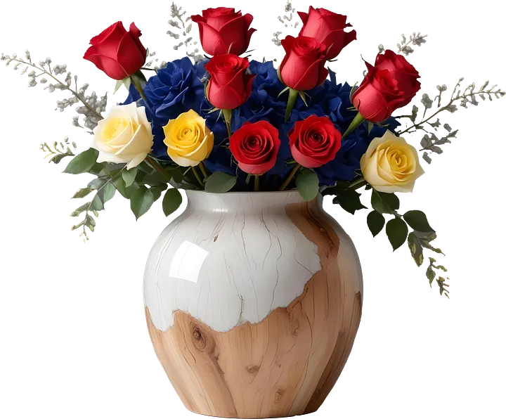 Rustic Romance Wooden Vase with Multicolor Roses PNG product image (1)