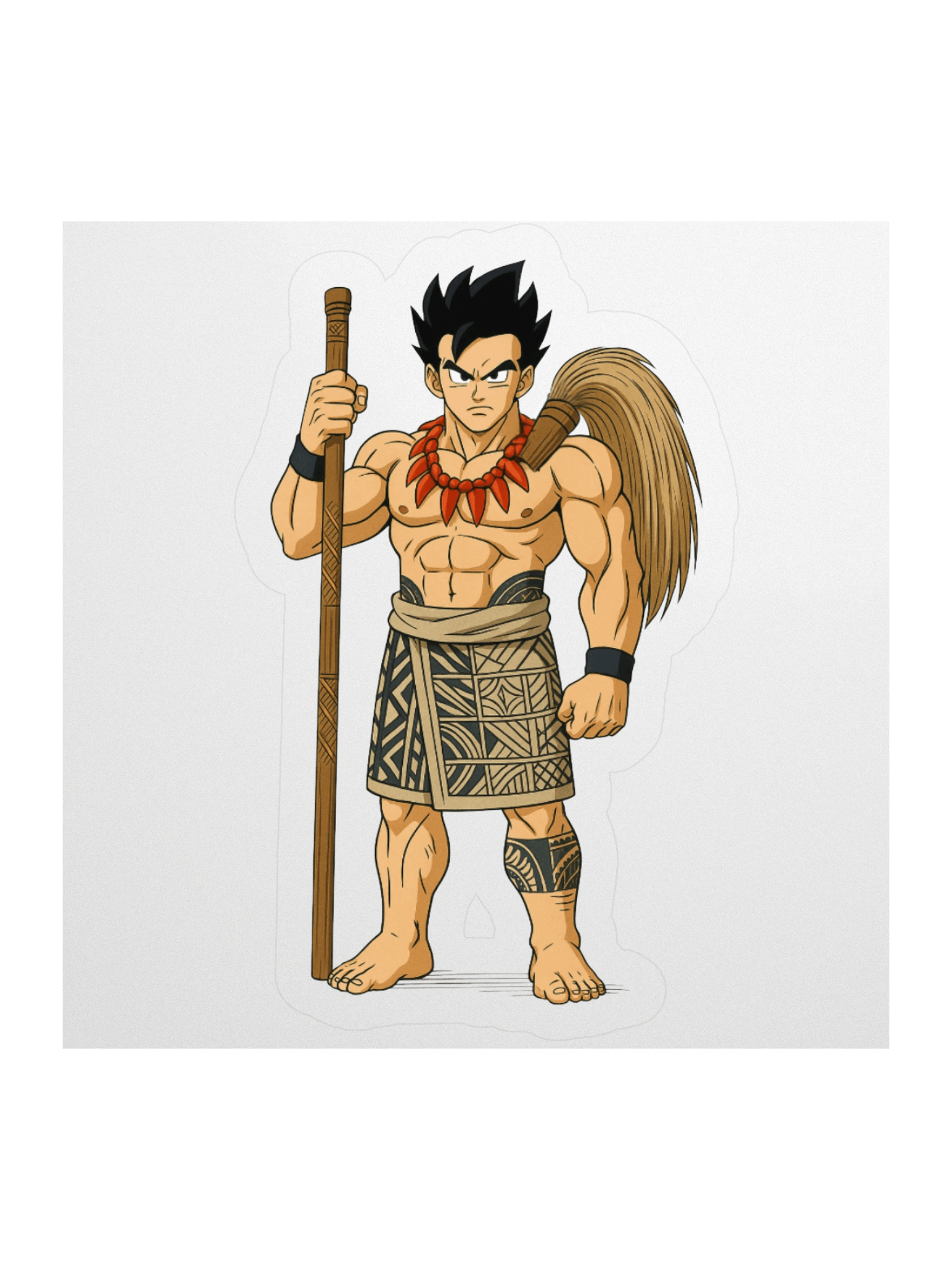 Anime-Inspired Samoan Matai Warrior Kiss-Cut Sticker – Polynesian Pe‘a Tattoo & Fue Design product image (2)
