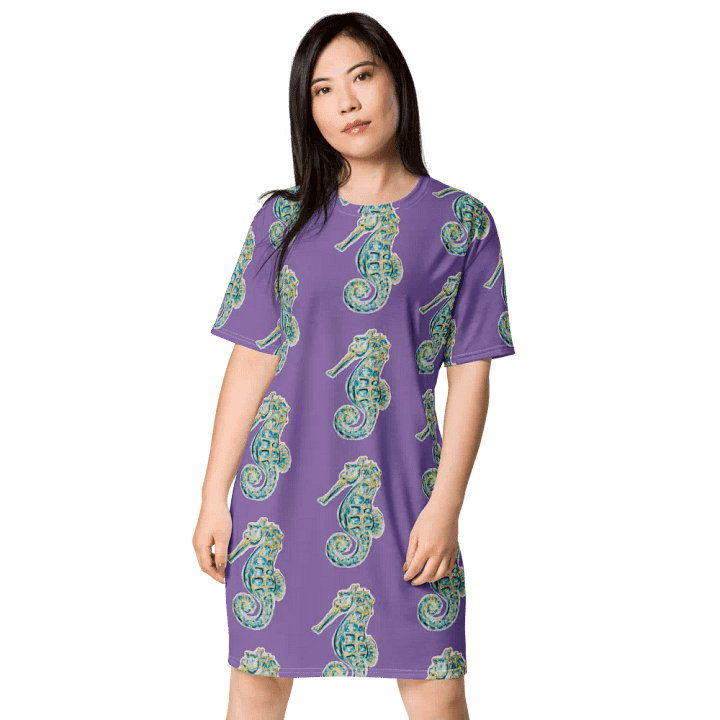 Women's | Ocean Majesty | Painted Seahorse | T-Shirt Dress | Coastal Oversized Dress | Ocean-Inspired Casual Style | Ce Soir Background product image (1)