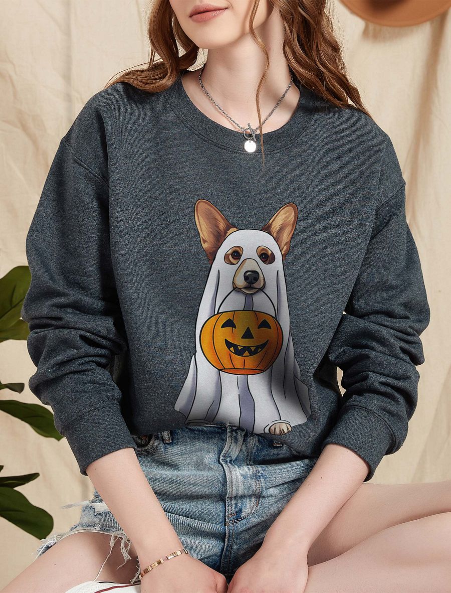 Welsh Corgi Halloween Sweatshirt | Funny Fall & Halloween Corgi Wearing a Ghost Costume with Pumpkin Basket product image (5)
