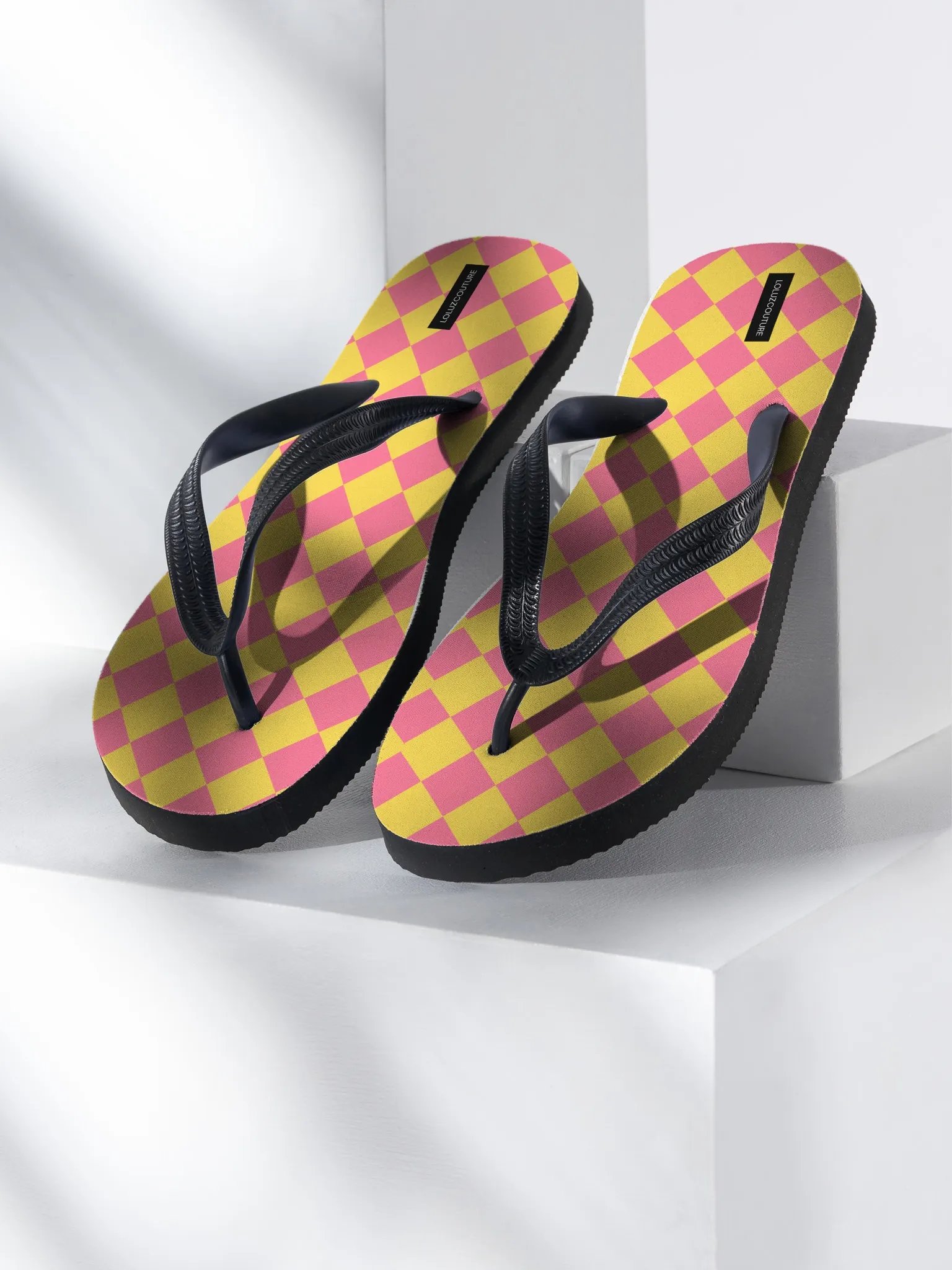 Pink/Yellow Diamond Pattern Flip-Flops product image (1)