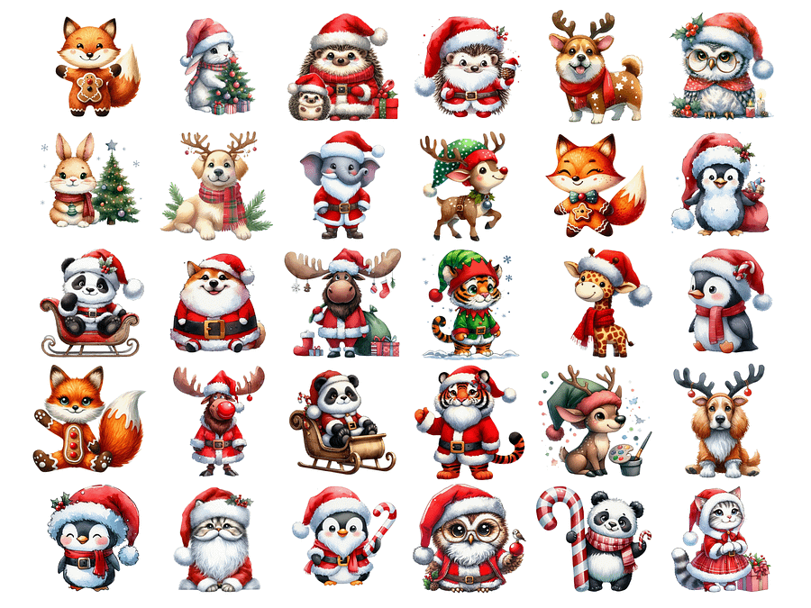 Watercolor Animals in Christmas Santa Claus Costumes PNG, Cute  Christmas Clipart, PNG Download, Christmas PNG Bundle product image (3)