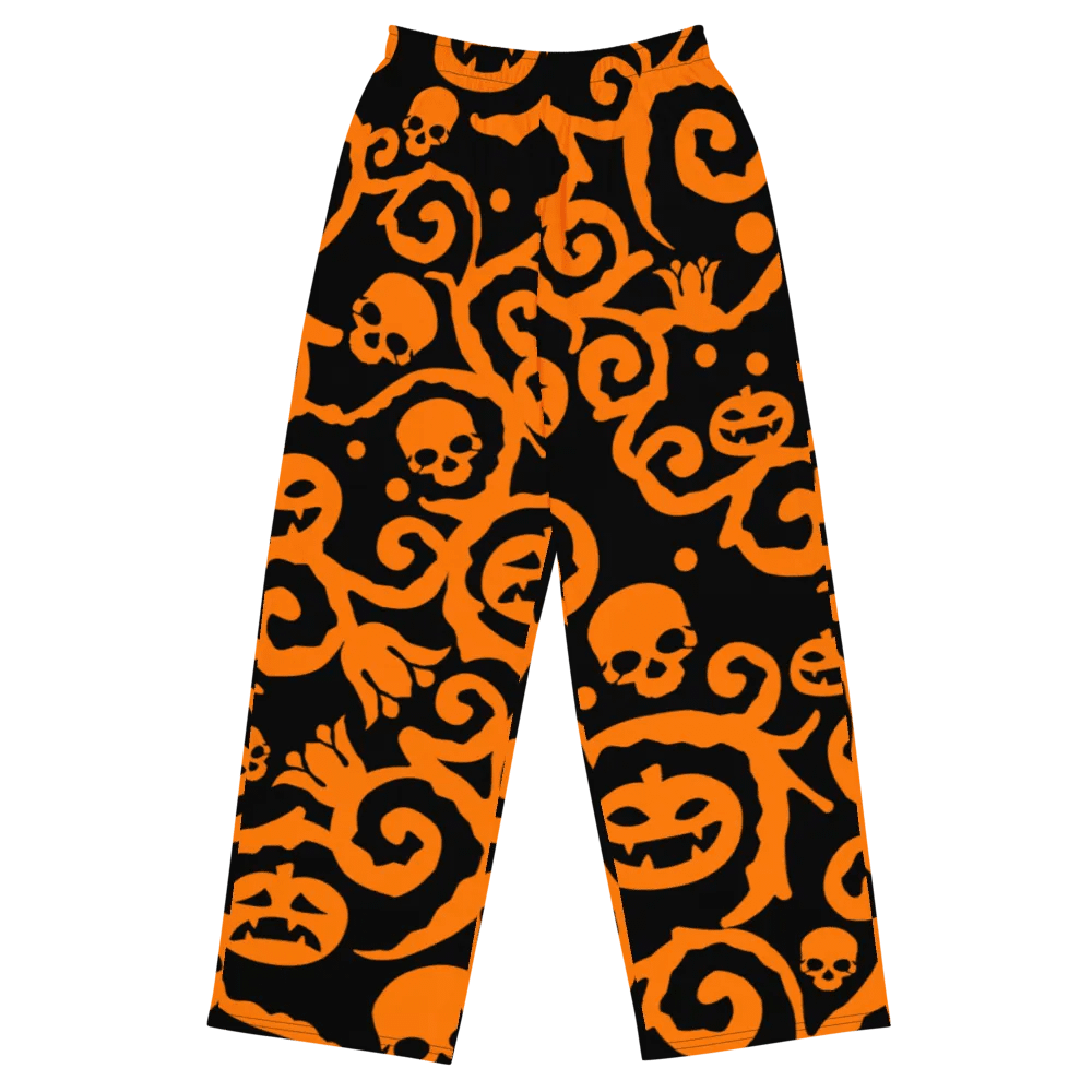Orange & Black Scary Pumpkins Skull Unisex Wide-Leg Pants product image (2)