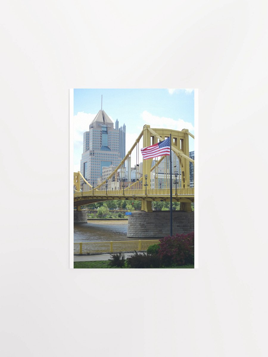 Pittsburgh - Highmark Building, Roberto Clemente Bridge and U.S. Flag - print/poster product image (1)