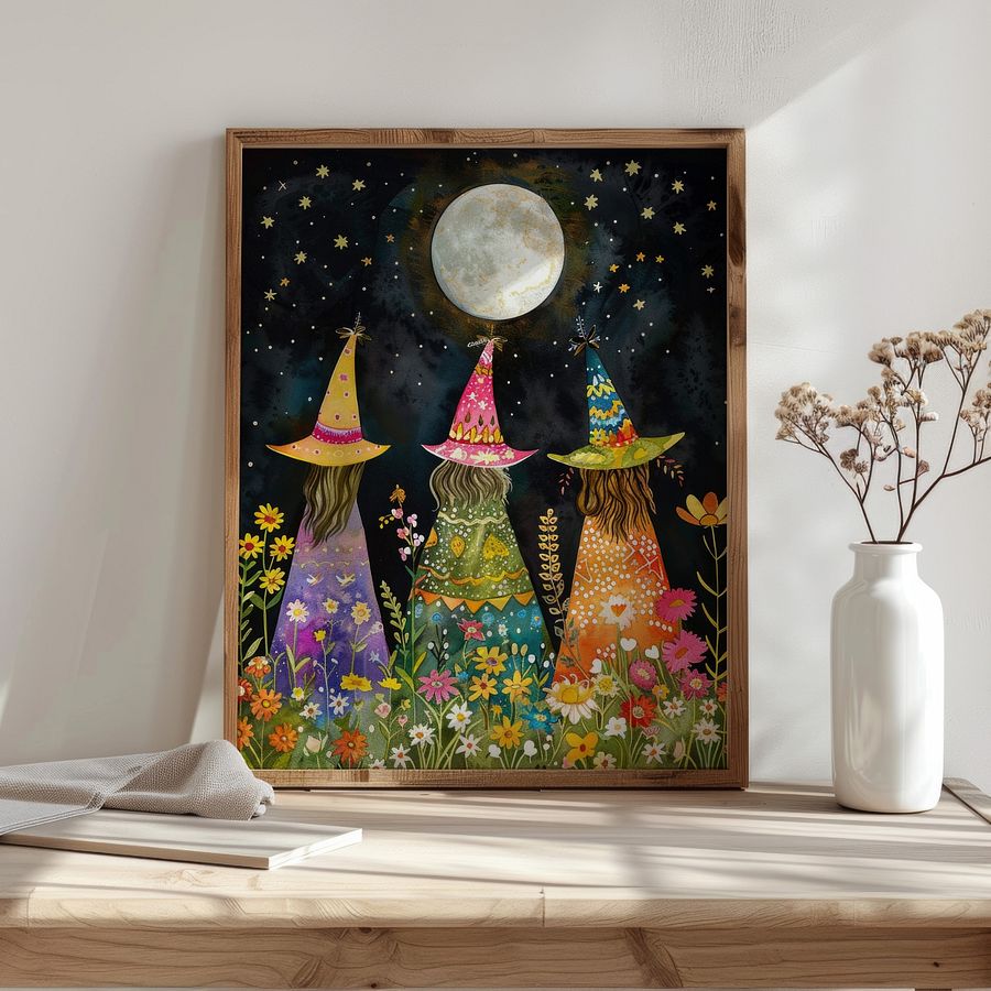 Whimsical Witches Under The Fullmoon Colorful Art Print product image (31)