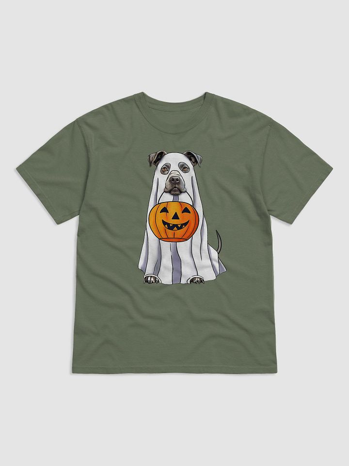Pitbull(Blue/Gray) Halloween Tee | Funny Halloween Staffordshire Wearing a Ghost Costume with Pumpkin Basket product image (2)