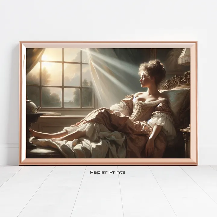 Elegant Repose: Vintage Oil Painting of Young Woman Lounging on a Chaise product image (2)