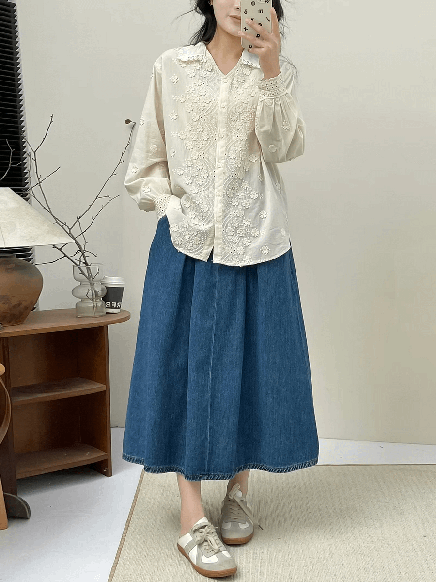 Three-dimensional Flower Embroidered Lapel Single-breasted Long Sleeve Shirt For Women product image (9)