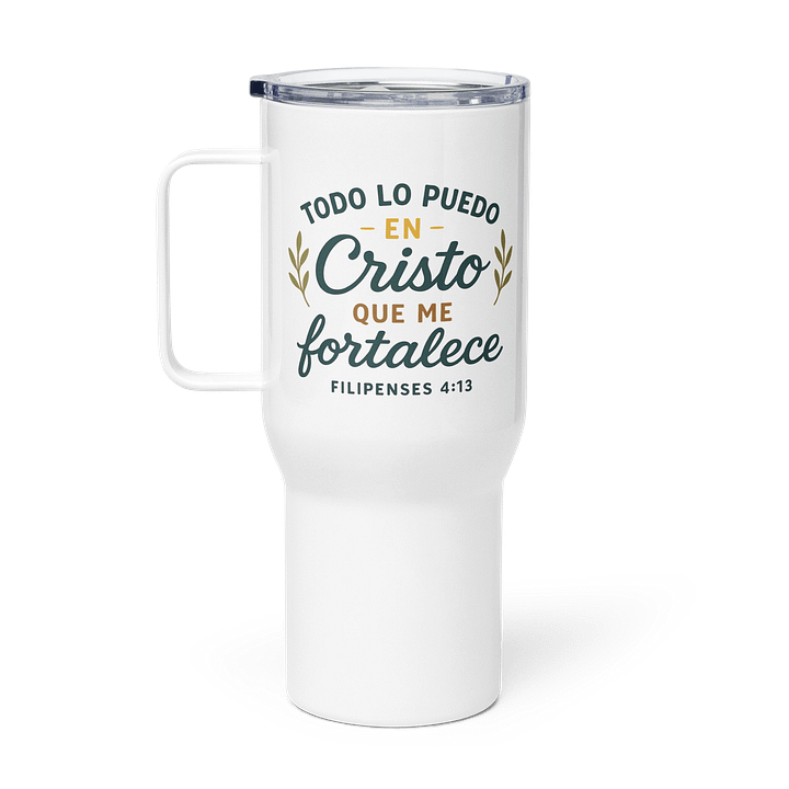 Ceramic Mug cristiana con tapa – “Todo lo puedo en Cristo” (Filipenses 4:13) – En español product image (1)