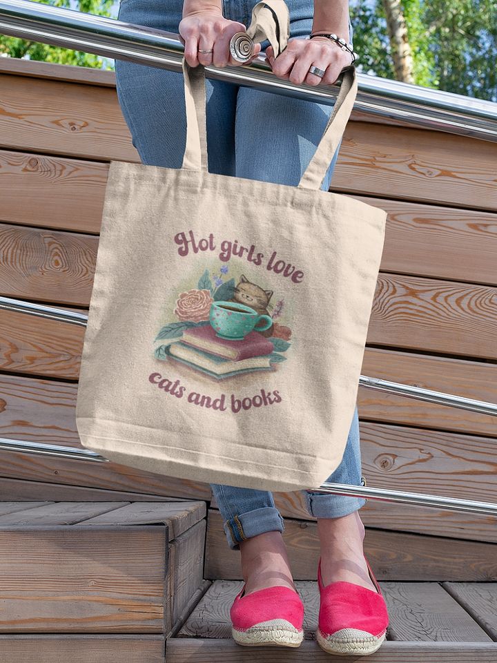 Hand-drawn cat floral canvas tote bag, Gift for a book lover - Hot Girls Love Cats and Books product image (1)