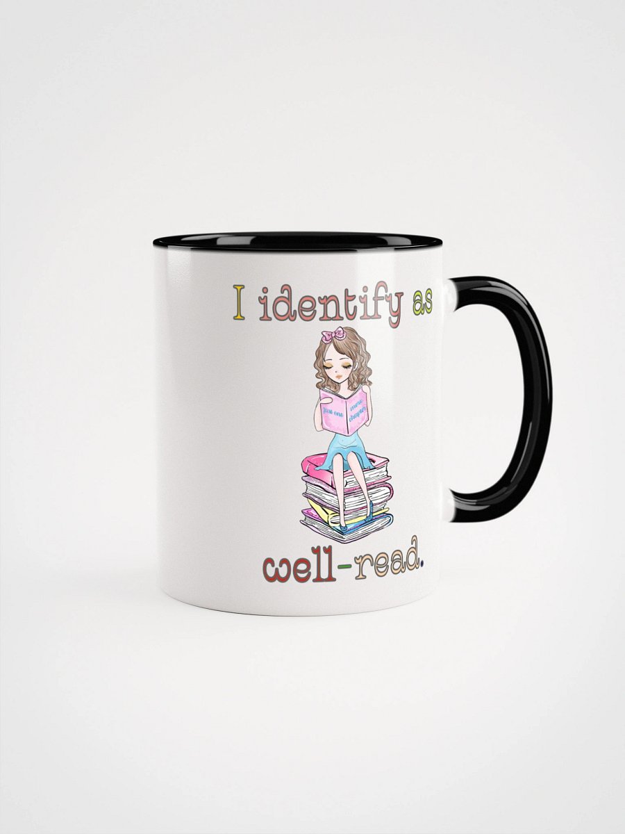 I Identify As Well-Read (Girl Sitting on a Stack of Books) Accent Mug product image (1)