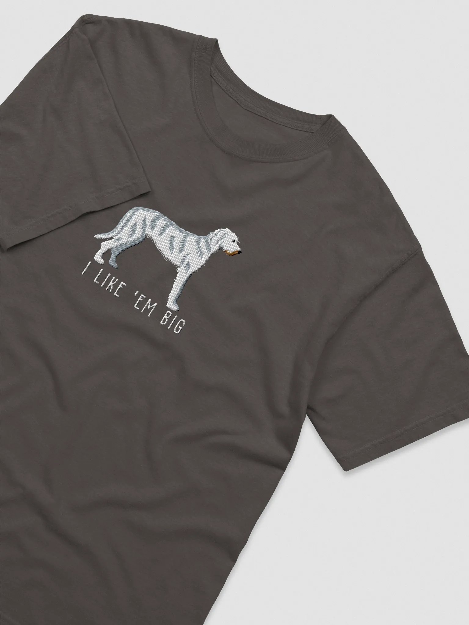 I Like 'Em Big T-Shirt(Embroidered) of an Irish Wolfhound(White) product image (6)