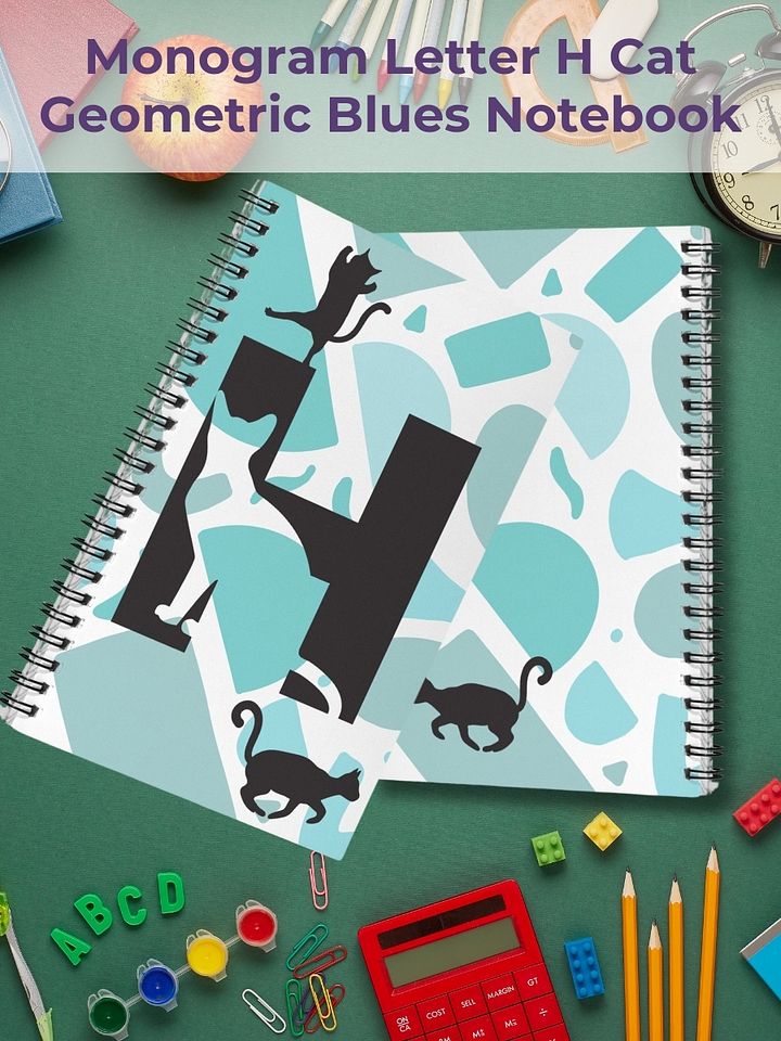 Monogram Letter H Cat Lover Geometric Blues Notebook product image (1)