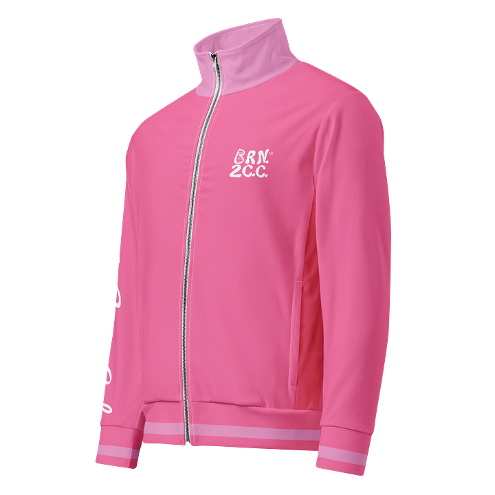 All-Over Print Recycled Track Jacket | Coastal Chill Meets Street Thrill | BOURNE to Cape Cod™ + BRN.2C.C.™ | White Logos on Pink Stripes product image (1)