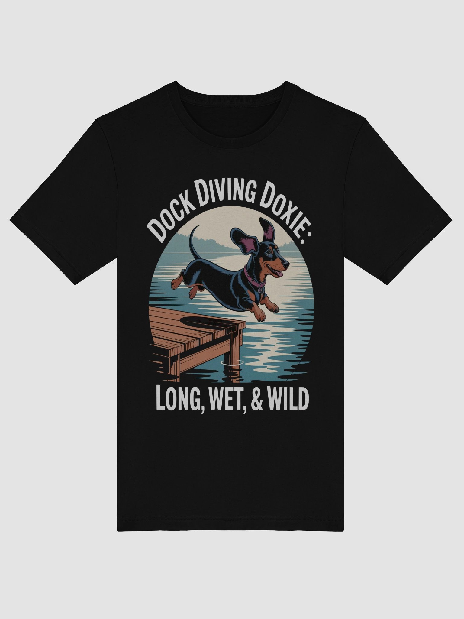 Dock Diving Doxie T-Shirt – Long, Wet, & Wild Dachshund Water Adventure Tee product image (5)