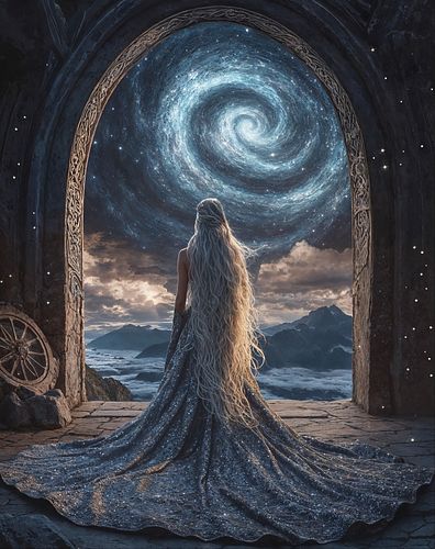 At the edge of stars and silence, she waits—Arianrhod, weaver of fates and guardian of the spiral sky. Her silver dress pools...