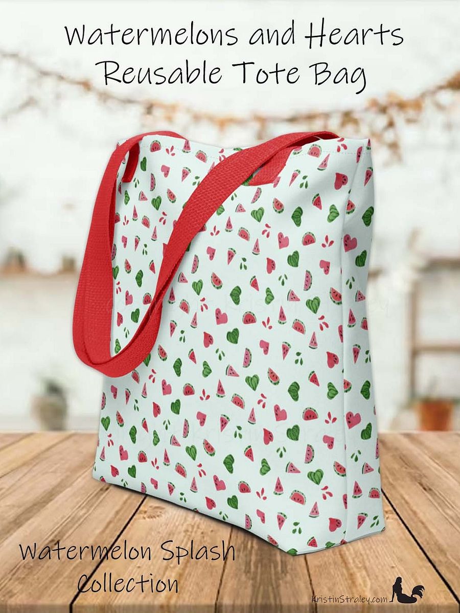Tossed Watermelons and Hearts on Mint Reusable Tote Bag product image (1)