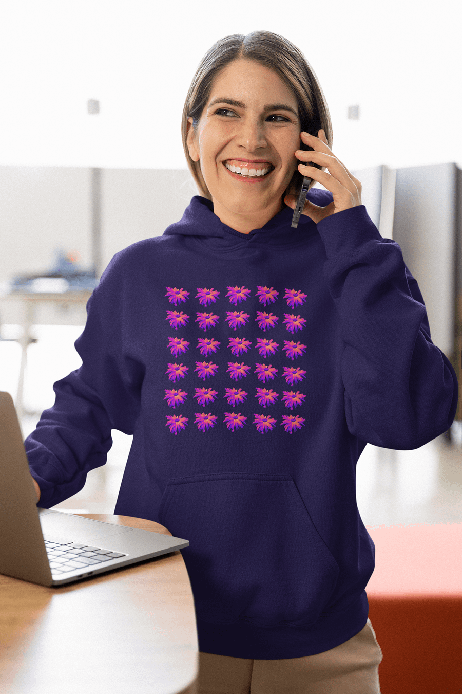Abstract Pink Floating Daisy Flower Repeating Pattern Design Unisex Pull Over Hoodie product image (4)