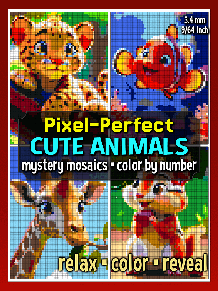 Pixel-Perfect Cute Animals Mystery Mosaic Color By Number: Pixel Art Digital Coloring Book with 36 Illustrations product image (1)