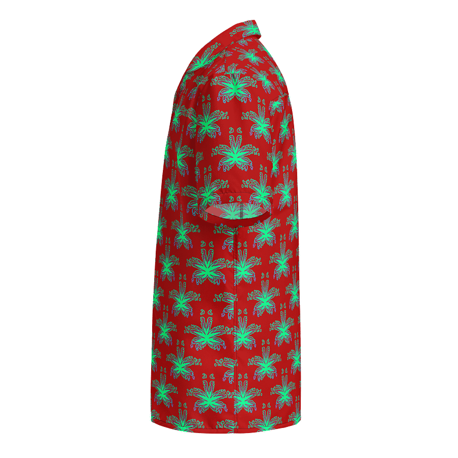 Red Weed Leaf Cannabis Beach Button Shirt, 420 Summertime Stoner Festival Clothing, Green Ganja Pot Leaves Pattern Weedy Weirdo Fashion product image (3)