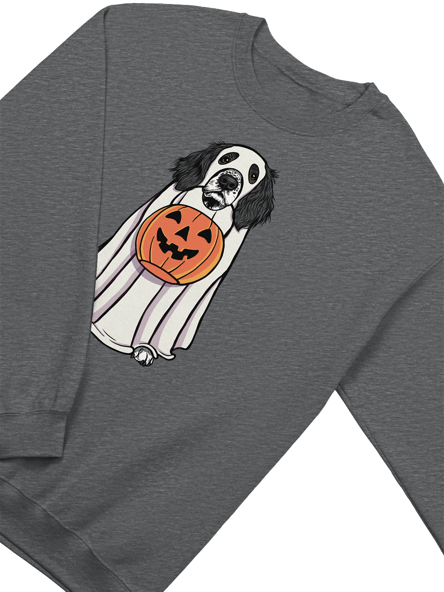 Funny Halloween Springer Spaniel(Black) Sweatshirt | Funny Springer Spaniel Wearing a Ghost Costume and Holding a Pumpkin Basket product image (4)