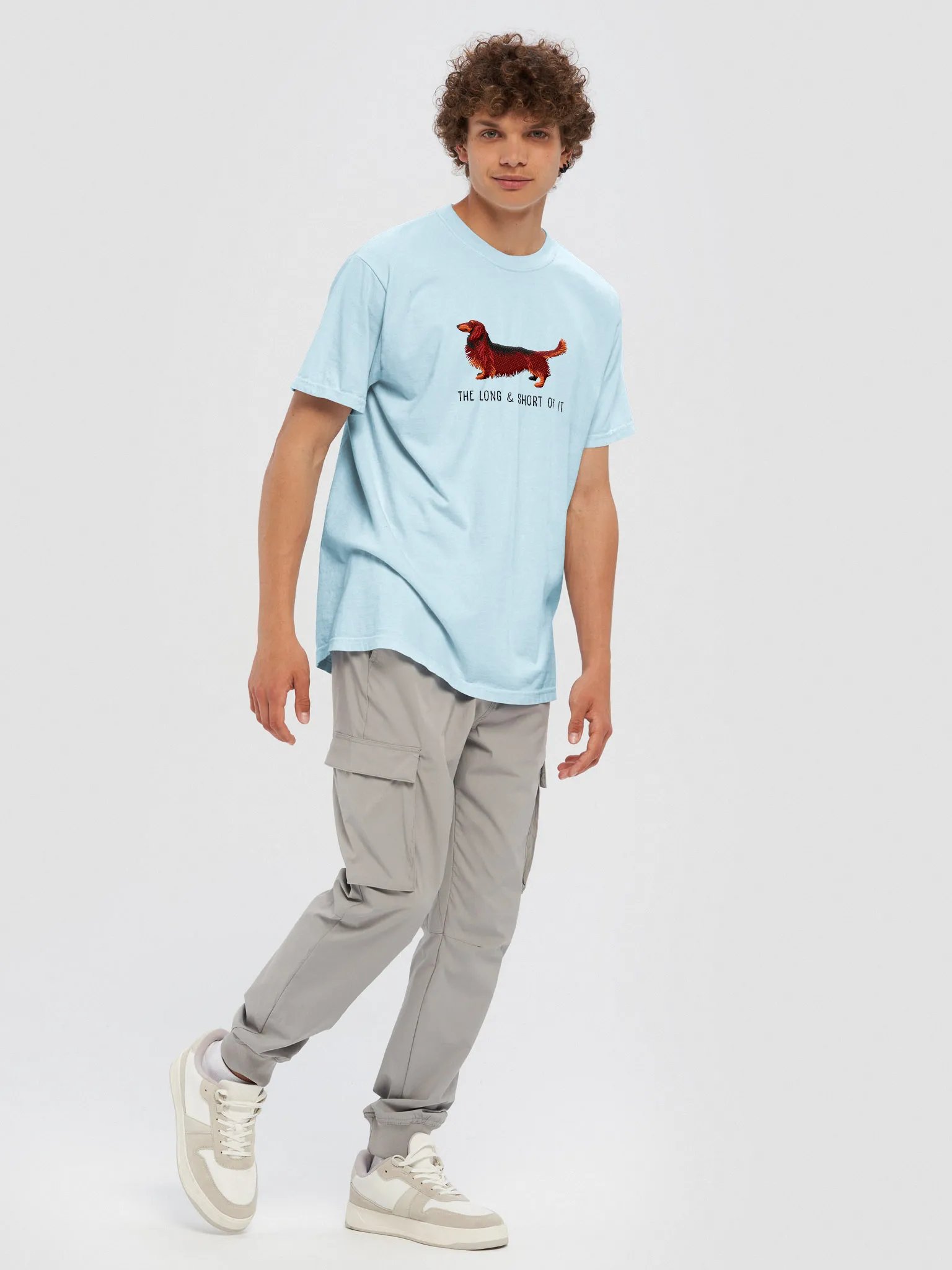 The Long & Short of It T-Shirt(Embroidered) of a Longhaired Dachshund(Red & Tan) product image (9)