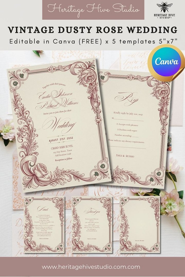 Editable Vintage Wedding Invitations | Edit in Canva | Instant Download Template | Dusty Rose Victorian product image (1)