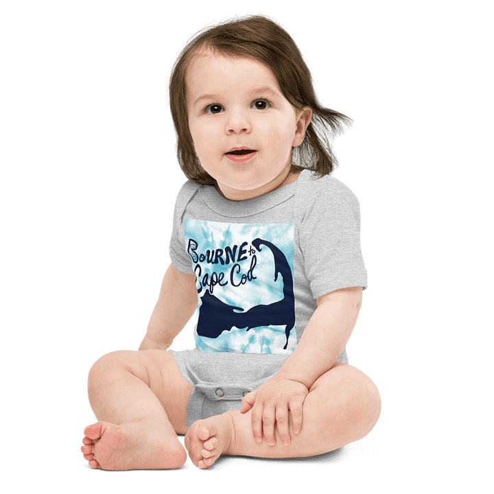 BOURNE to Cape Cod™ | Baby One-Piece with Snaps | BRN.2C.C.™ Logo Back | Ultra-Soft Cotton Bodysuit for Coastal Cuties | Navy Logos on Blue Tie-Dye Graphic product image (1)