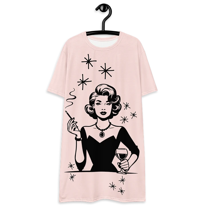 Retro Woman Drinking Wine T-Shirt Dress, Misty Rose product image (2)