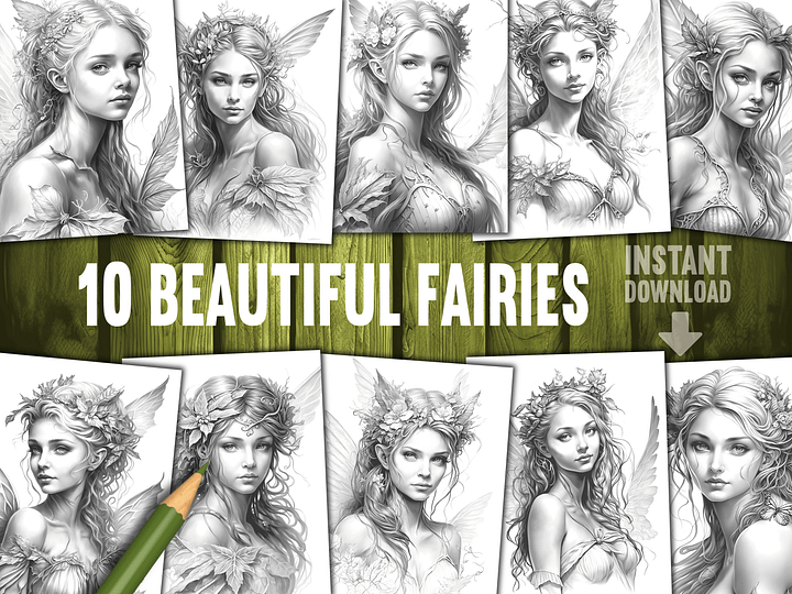 10 Fairy Beauties Coloring Pages With Commercial Rights product image (1)