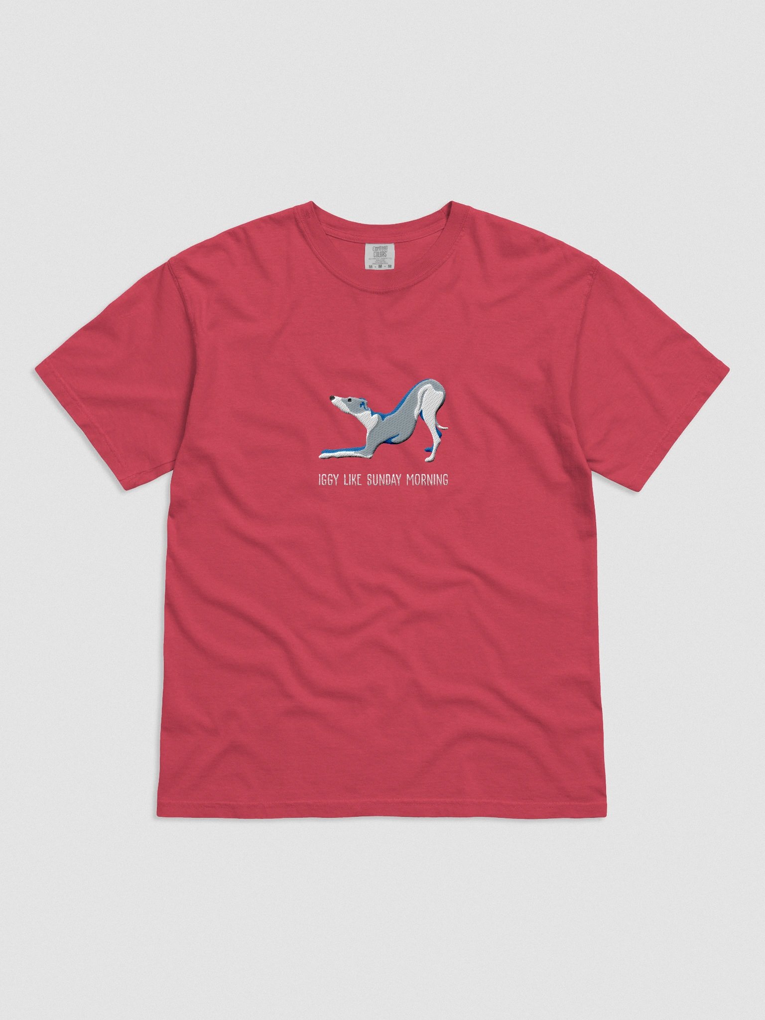 Iggy Like Sunday Morning T-Shirt(Embroidered) of an Italian Greyhound(Blue & White) product image (4)