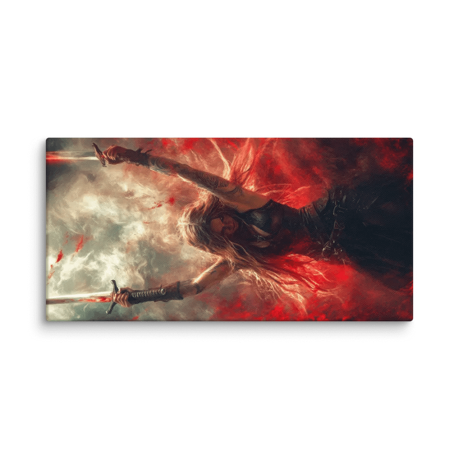 Female warrior raising her 2 swords 01 - Canvas product image (1)