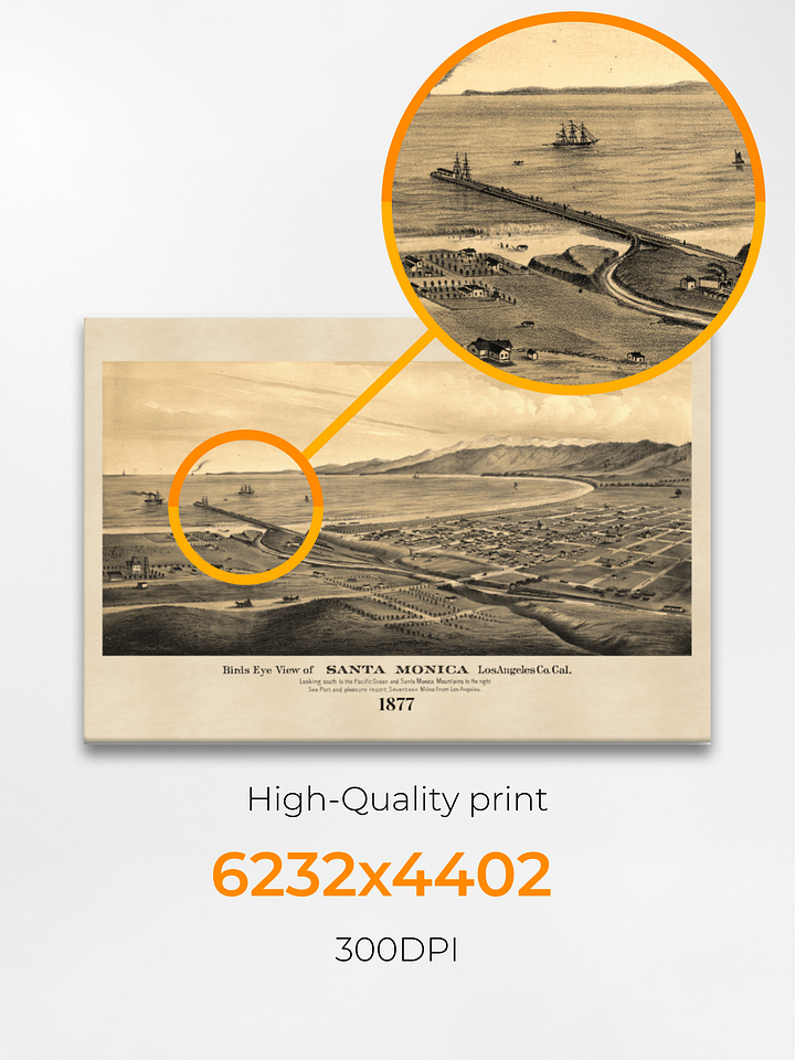 Santa Monica Panoramic Canvas Print – 1877 Hand-Drawn Historic City View product image (2)